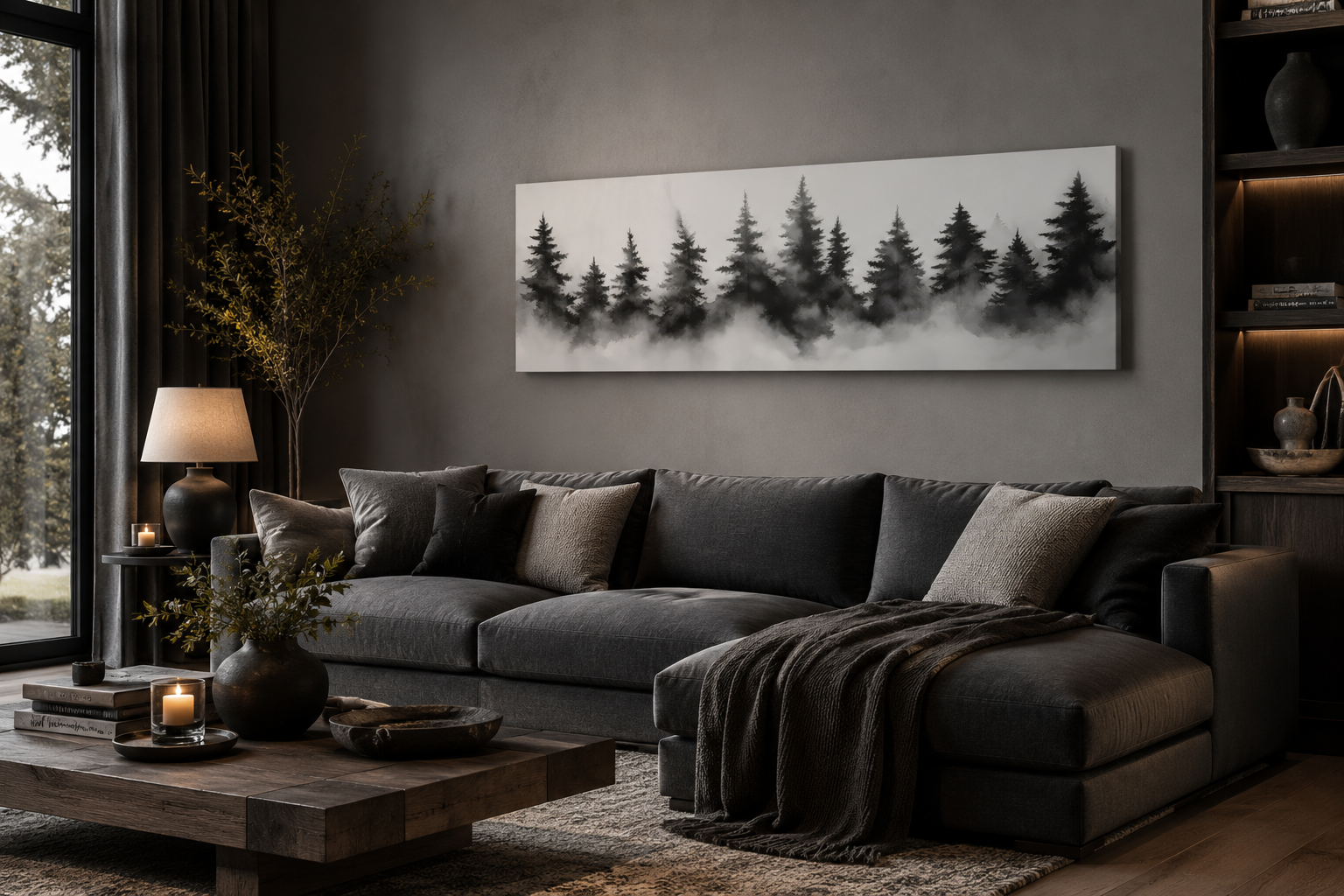Black And White Watercolor Foggy Pine Tree Forest Horizontal Canvas Wall Art