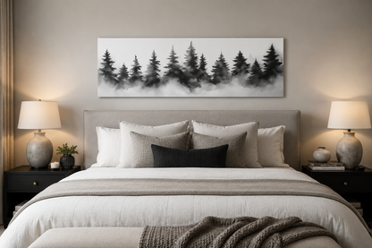 Black And White Watercolor Foggy Pine Tree Forest Horizontal Canvas Wall Art