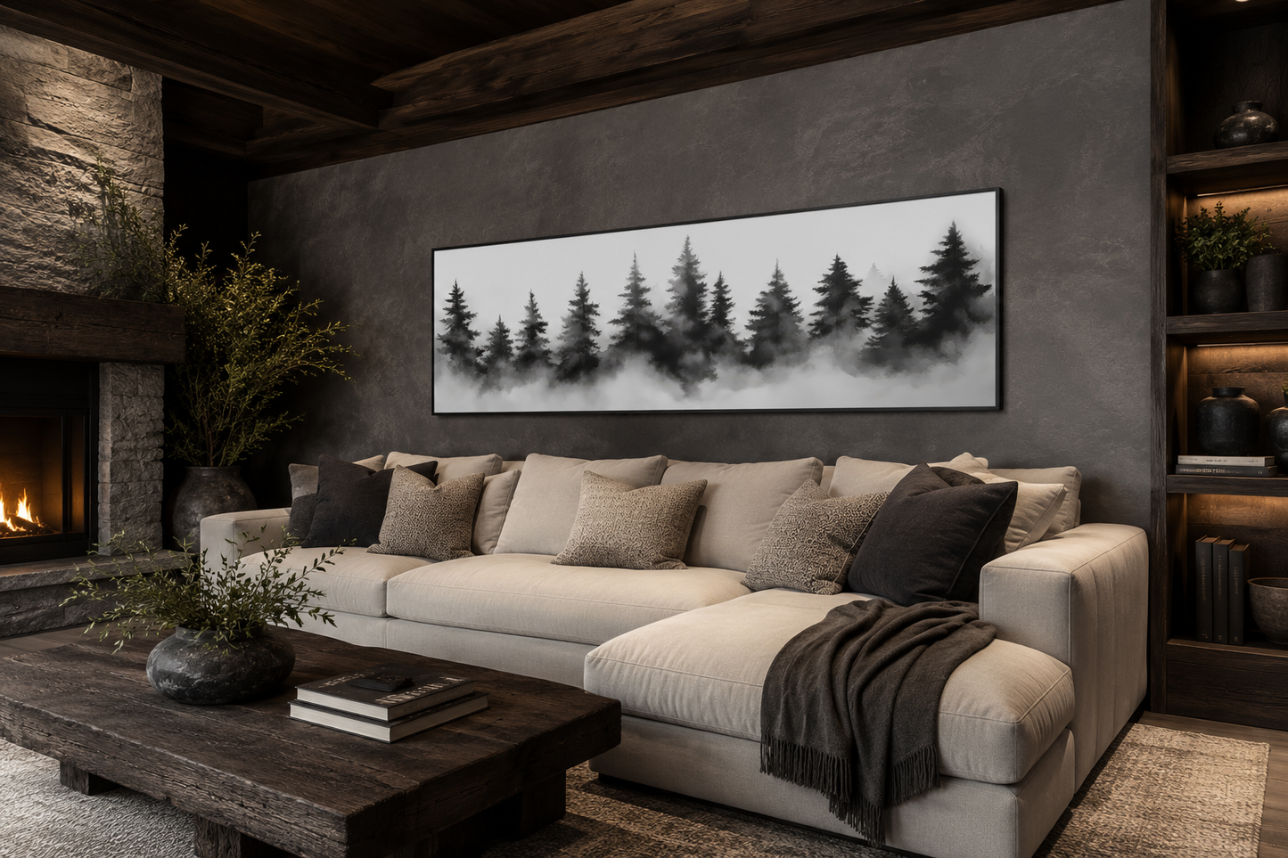 Black And White Watercolor Foggy Pine Tree Forest Horizontal Canvas Wall Art