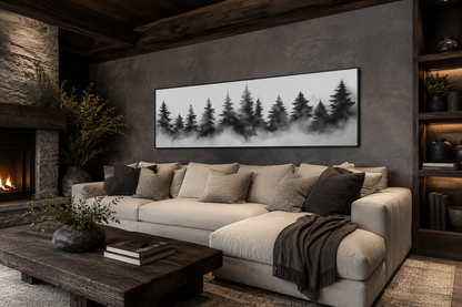 Black And White Watercolor Foggy Pine Tree Forest Horizontal Canvas Wall Art