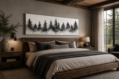 Black And White Watercolor Foggy Pine Tree Forest Horizontal Canvas Wall Art
