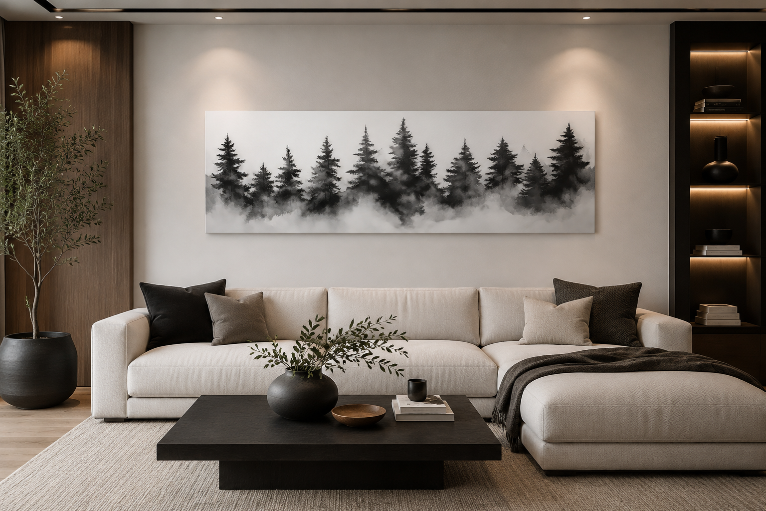 Black And White Watercolor Foggy Pine Tree Forest Horizontal Canvas Wall Art