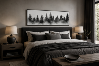 Black And White Watercolor Foggy Pine Tree Forest Horizontal Canvas Wall Art