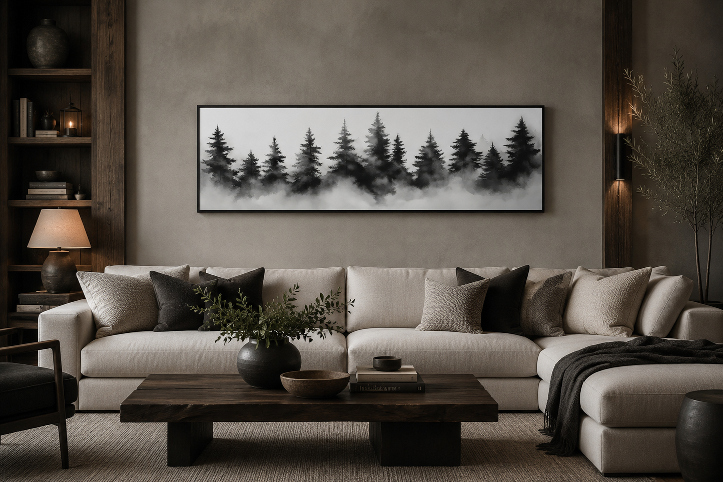 Black And White Watercolor Foggy Pine Tree Forest Horizontal Canvas Wall Art