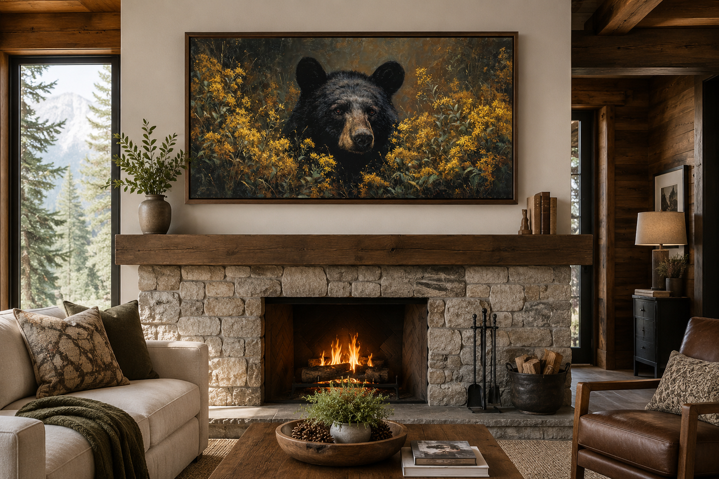 Black Bear in Yellow Wildflowers Canvas Wall Art For Cabin Decor