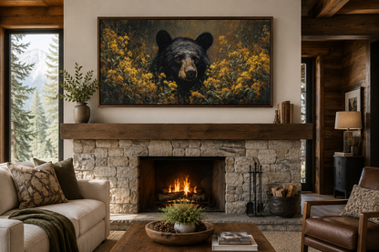 Black Bear in Yellow Wildflowers Canvas Wall Art For Cabin Decor