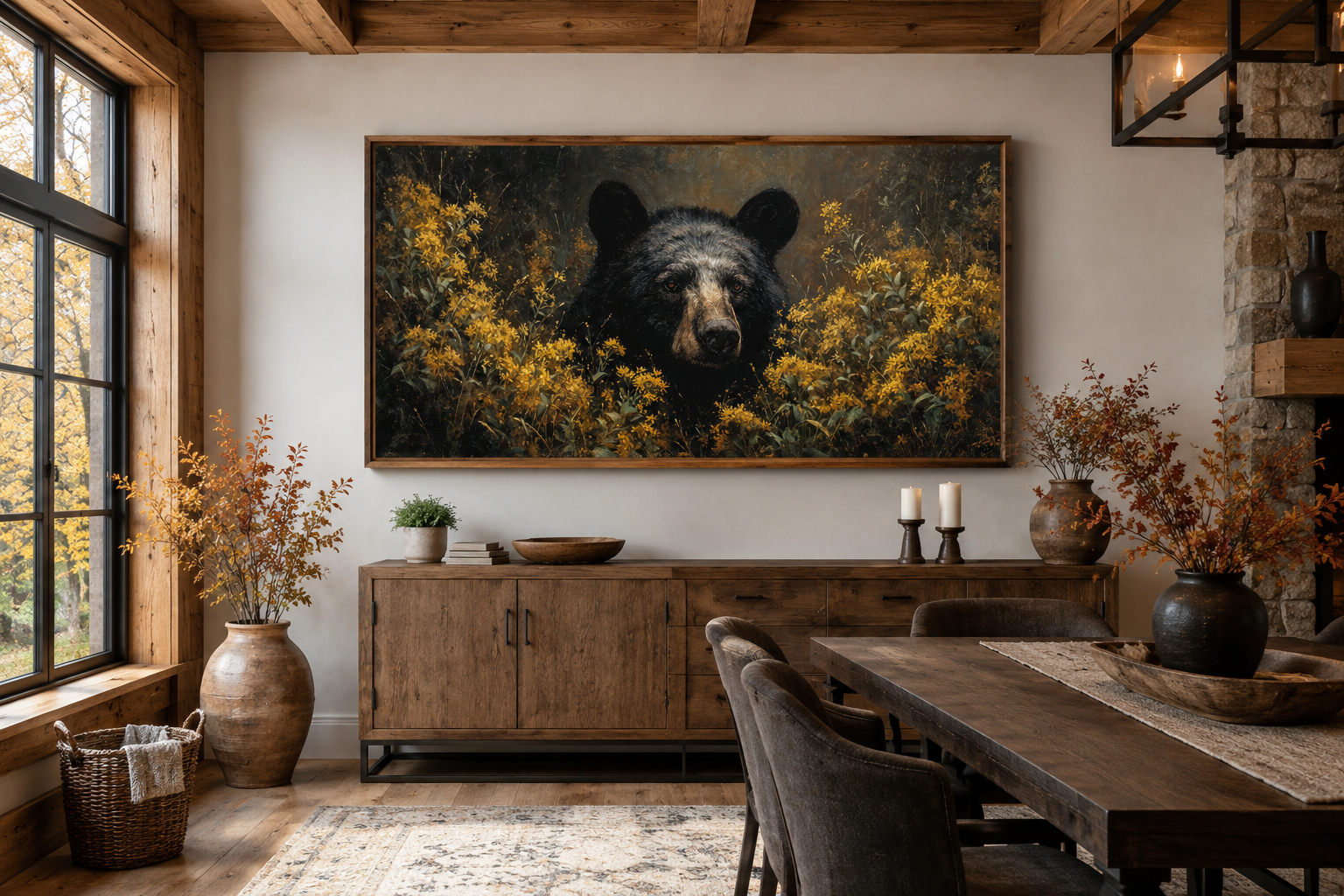 Black Bear in Yellow Wildflowers Canvas Wall Art For Cabin Decor