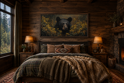 Black Bear in Yellow Wildflowers Canvas Wall Art For Cabin Decor