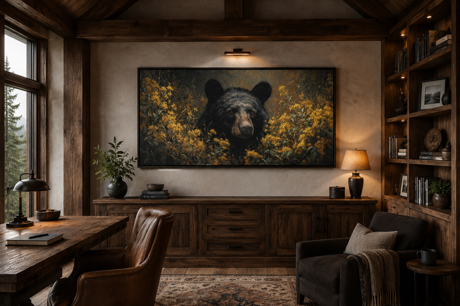Black Bear in Yellow Wildflowers Canvas Wall Art For Cabin Decor