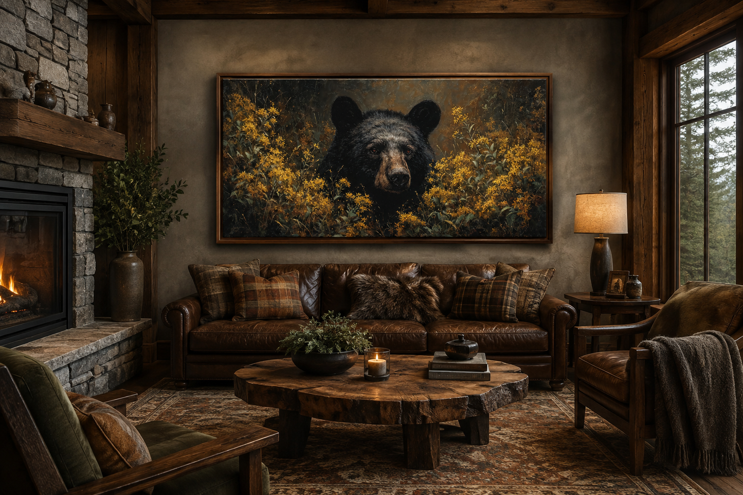 Black Bear in Yellow Wildflowers Canvas Wall Art For Cabin Decor