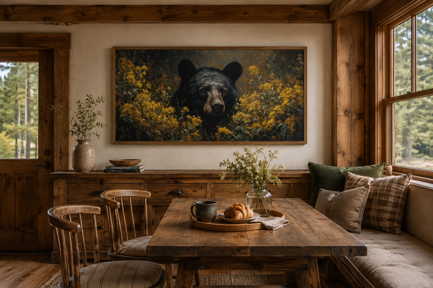 Black Bear in Yellow Wildflowers Canvas Wall Art For Cabin Decor