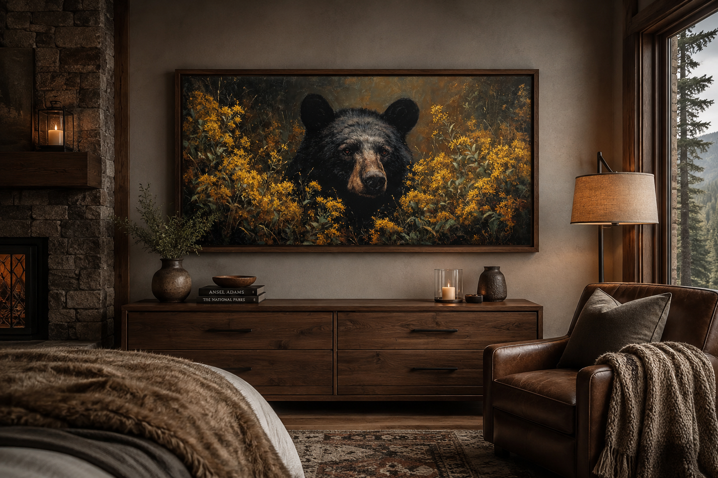 Black Bear in Yellow Wildflowers Canvas Wall Art For Cabin Decor