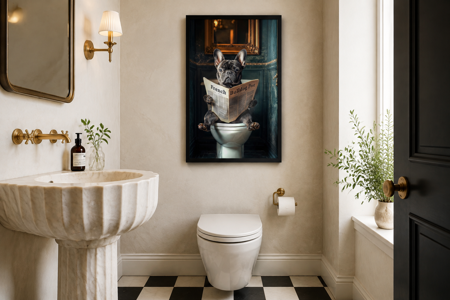 Black French Bulldog On The Toilet Reading Newspaper Picture Canvas Wall Art