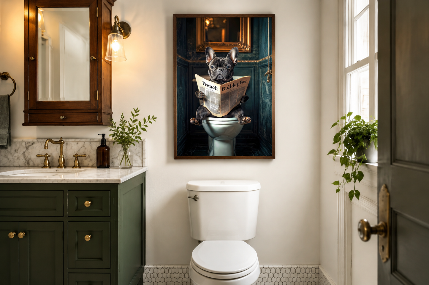 Black French Bulldog On The Toilet Reading Newspaper Picture Canvas Wall Art