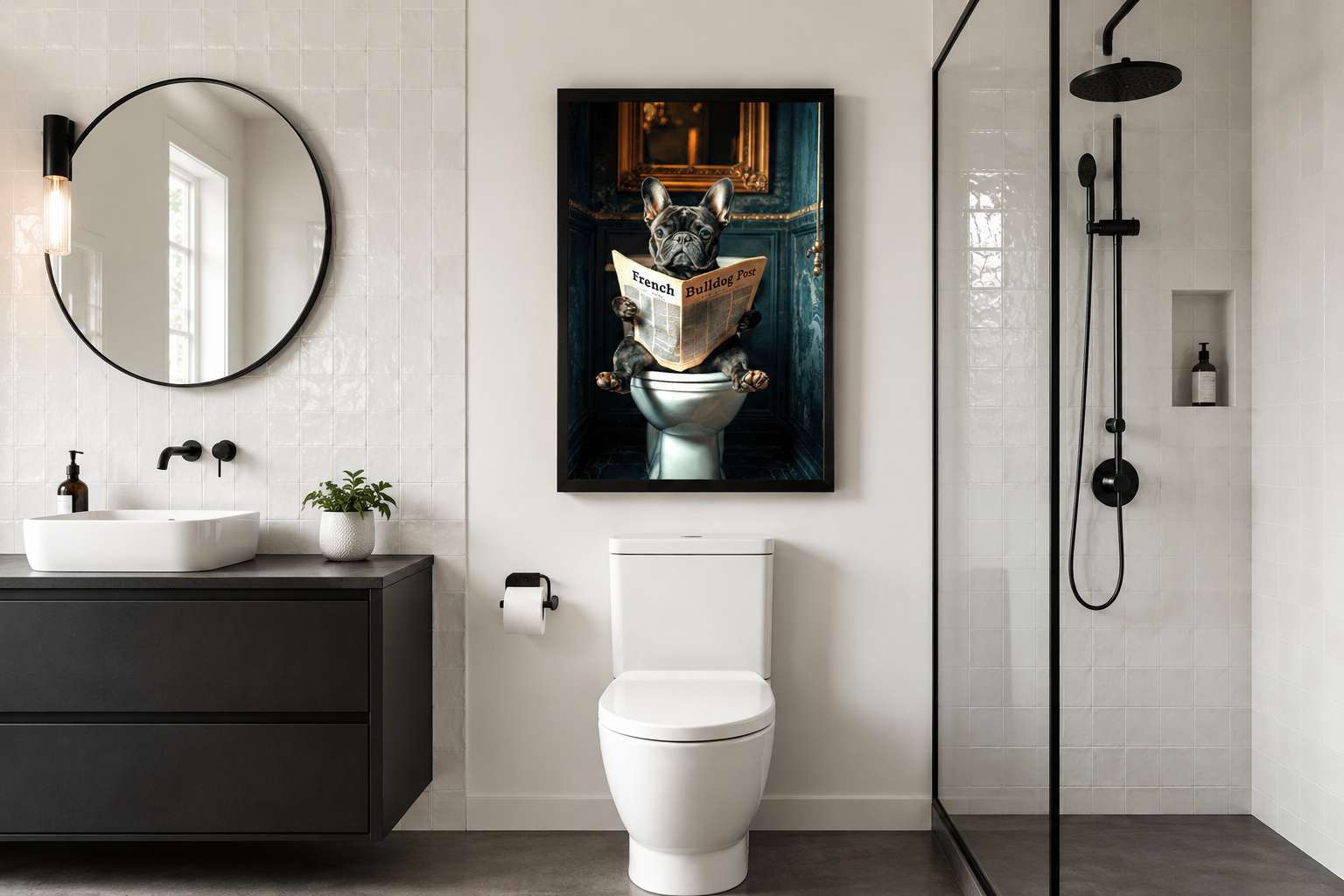 Black French Bulldog On The Toilet Reading Newspaper Picture Canvas Wall Art