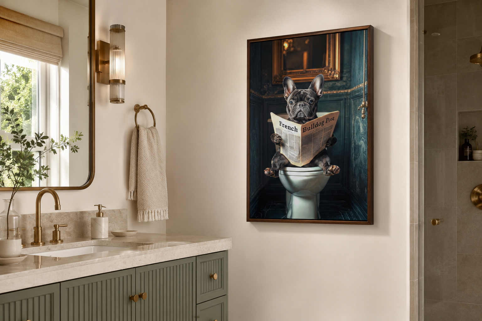Black French Bulldog On The Toilet Reading Newspaper Picture Canvas Wall Art