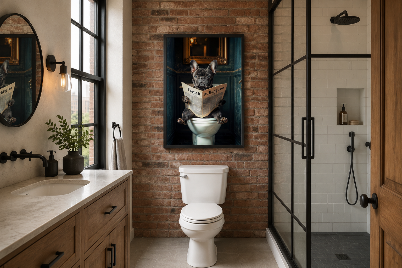 Black French Bulldog On The Toilet Reading Newspaper Picture Canvas Wall Art