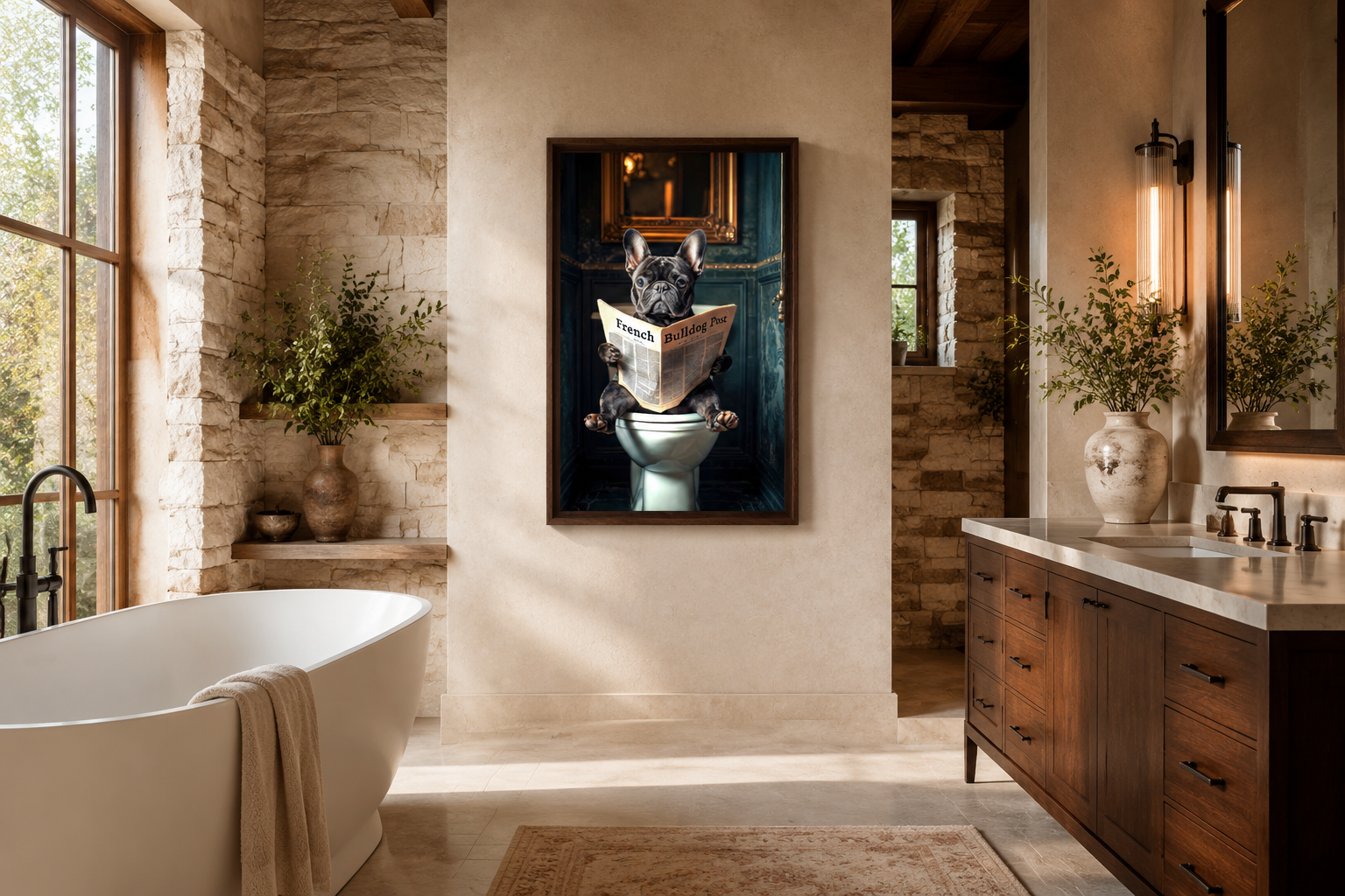 Black French Bulldog On The Toilet Reading Newspaper Picture Canvas Wall Art