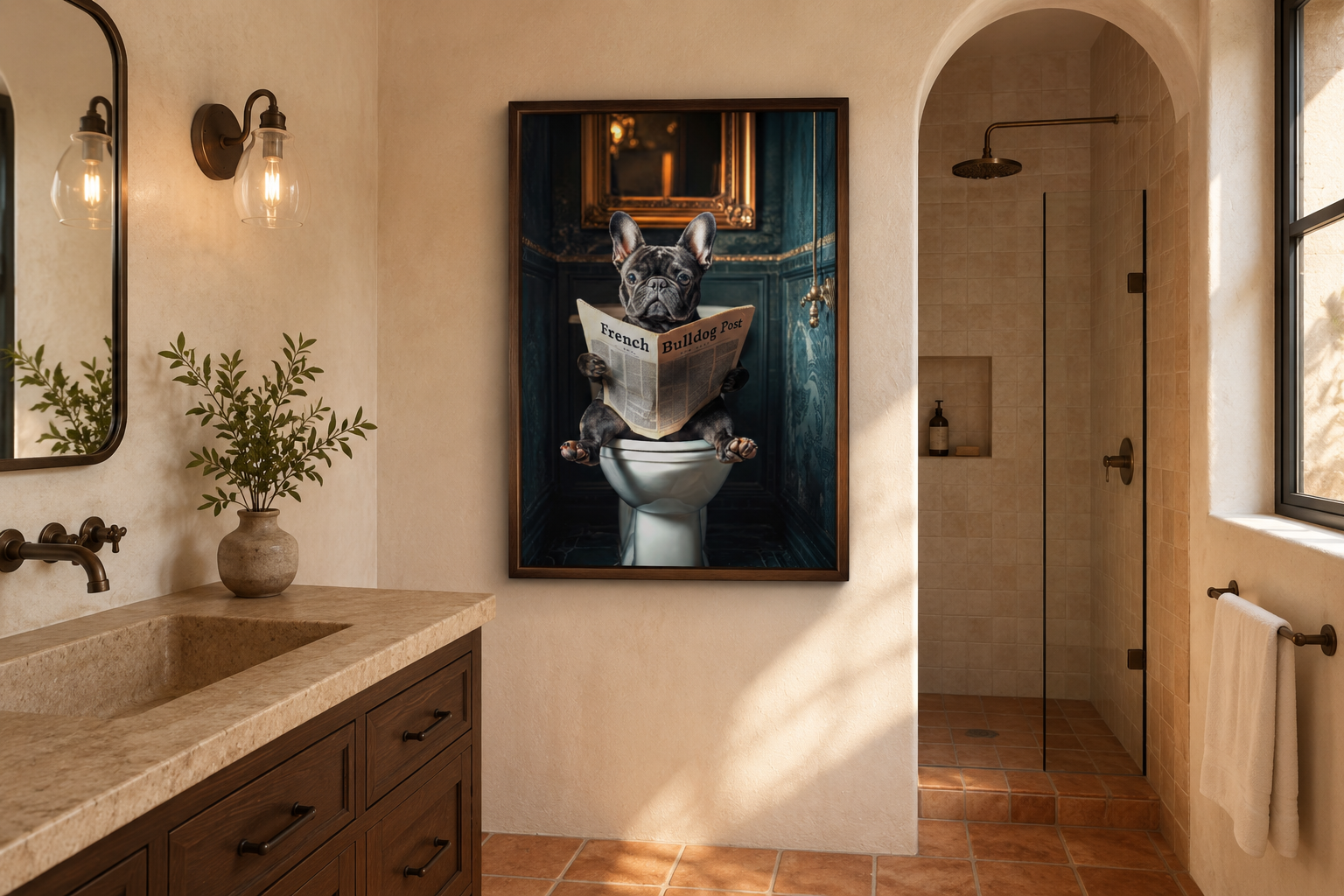 Black French Bulldog On The Toilet Reading Newspaper Picture Canvas Wall Art