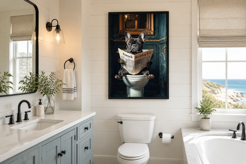 Black French Bulldog On The Toilet Reading Newspaper Picture Canvas Wall Art