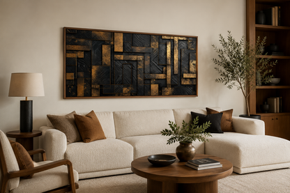 Black Gold Abstract Geometric Framed Canvas Wall Art For Living Room Or Bedroom
