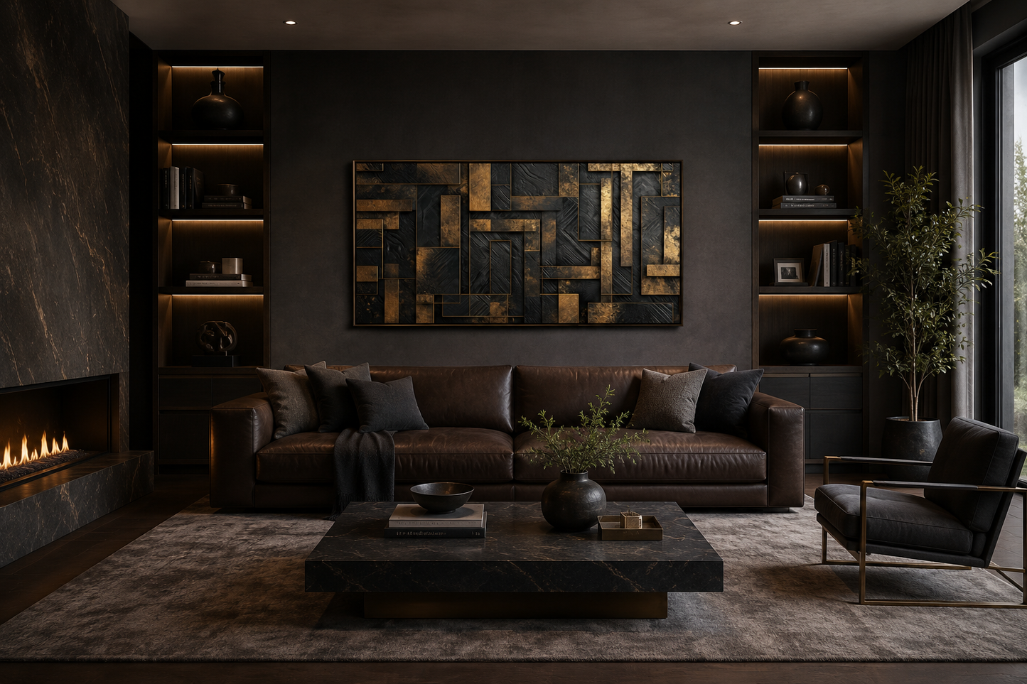 Black Gold Abstract Geometric Framed Canvas Wall Art For Living Room Or Bedroom