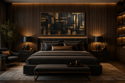 Black Gold Abstract Geometric Framed Canvas Wall Art For Living Room Or Bedroom