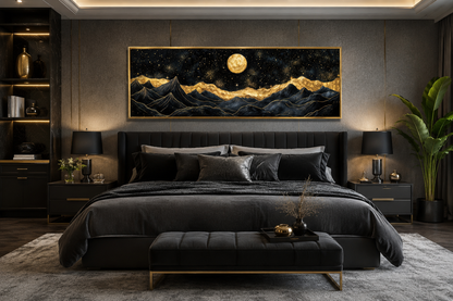 Black Gold Mountain Wall Art – Moonlit Night Landscape Canvas Print, Abstract Nature Painting