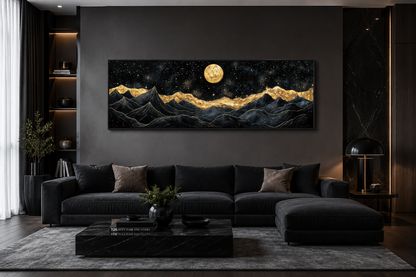 Black Gold Mountain Wall Art – Moonlit Night Landscape Canvas Print, Abstract Nature Painting