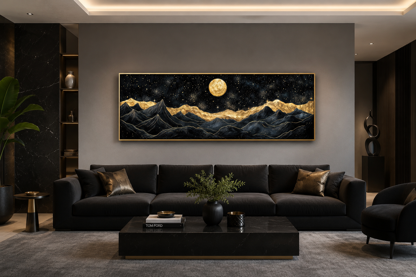Black Gold Mountain Wall Art – Moonlit Night Landscape Canvas Print, Abstract Nature Painting