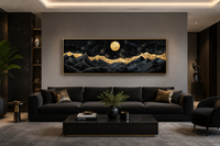 Black Gold Mountain Wall Art – Moonlit Night Landscape Canvas Print, Abstract Nature Painting