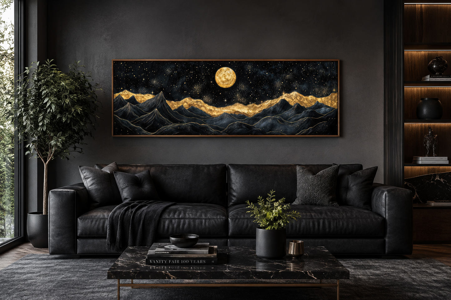 Black Gold Mountain Wall Art – Moonlit Night Landscape Canvas Print, Abstract Nature Painting