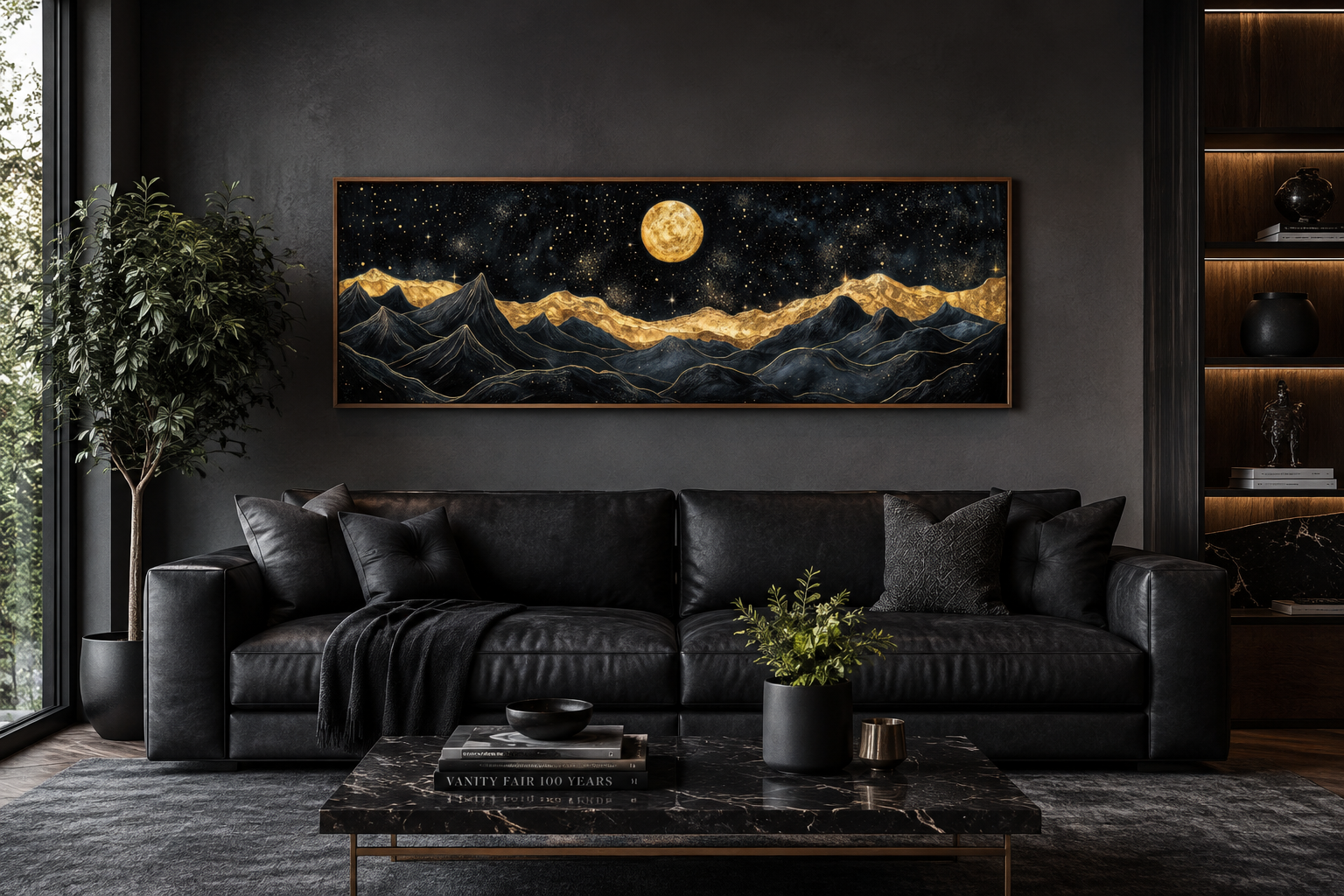Black Gold Mountain Wall Art – Moonlit Night Landscape Canvas Print, Abstract Nature Painting