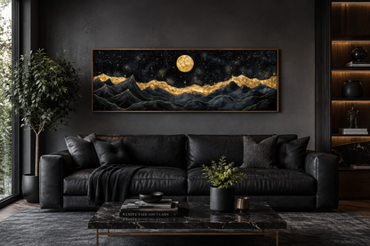 Black Gold Mountain Wall Art – Moonlit Night Landscape Canvas Print, Abstract Nature Painting