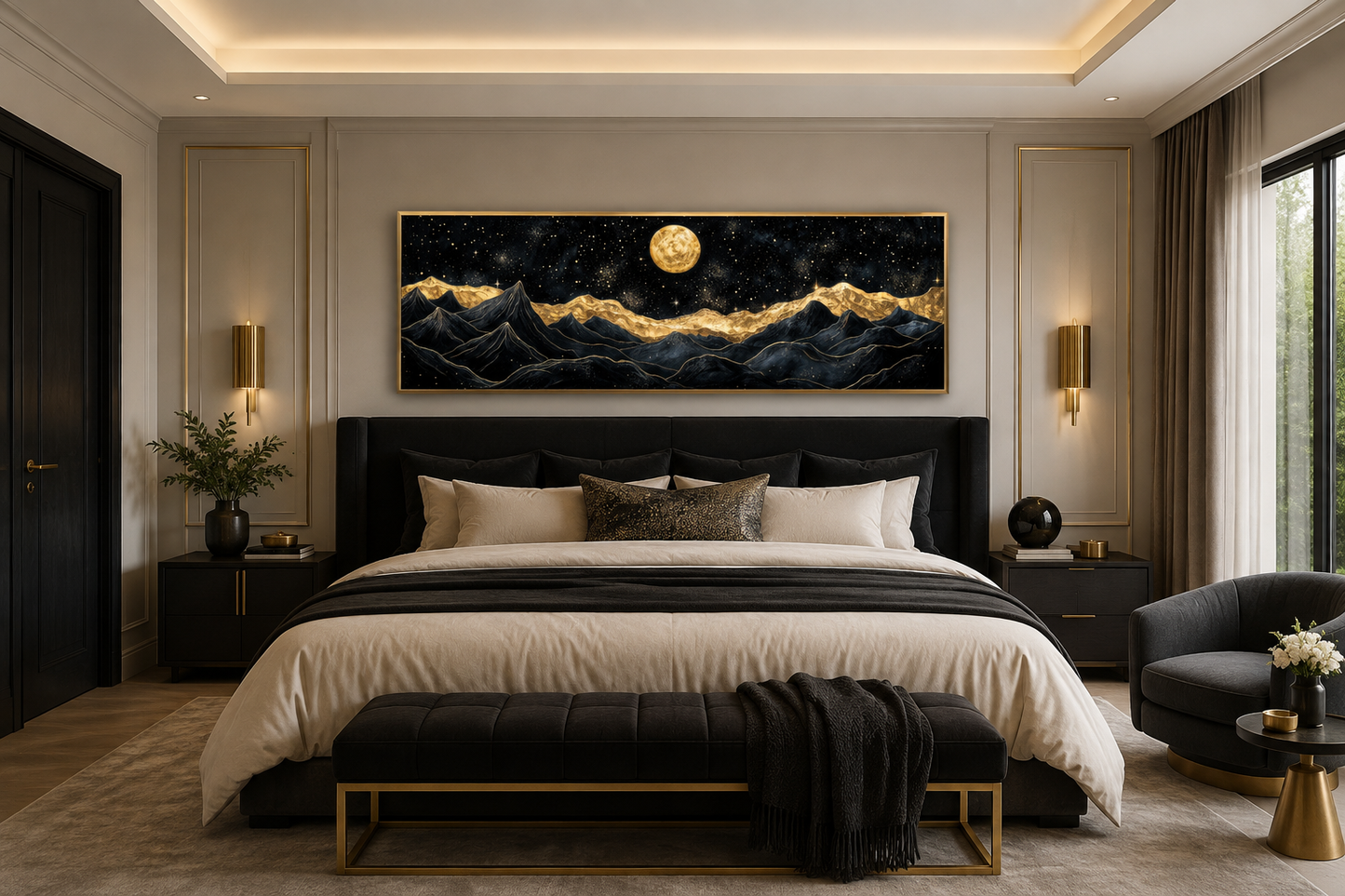 Black Gold Mountain Wall Art – Moonlit Night Landscape Canvas Print, Abstract Nature Painting