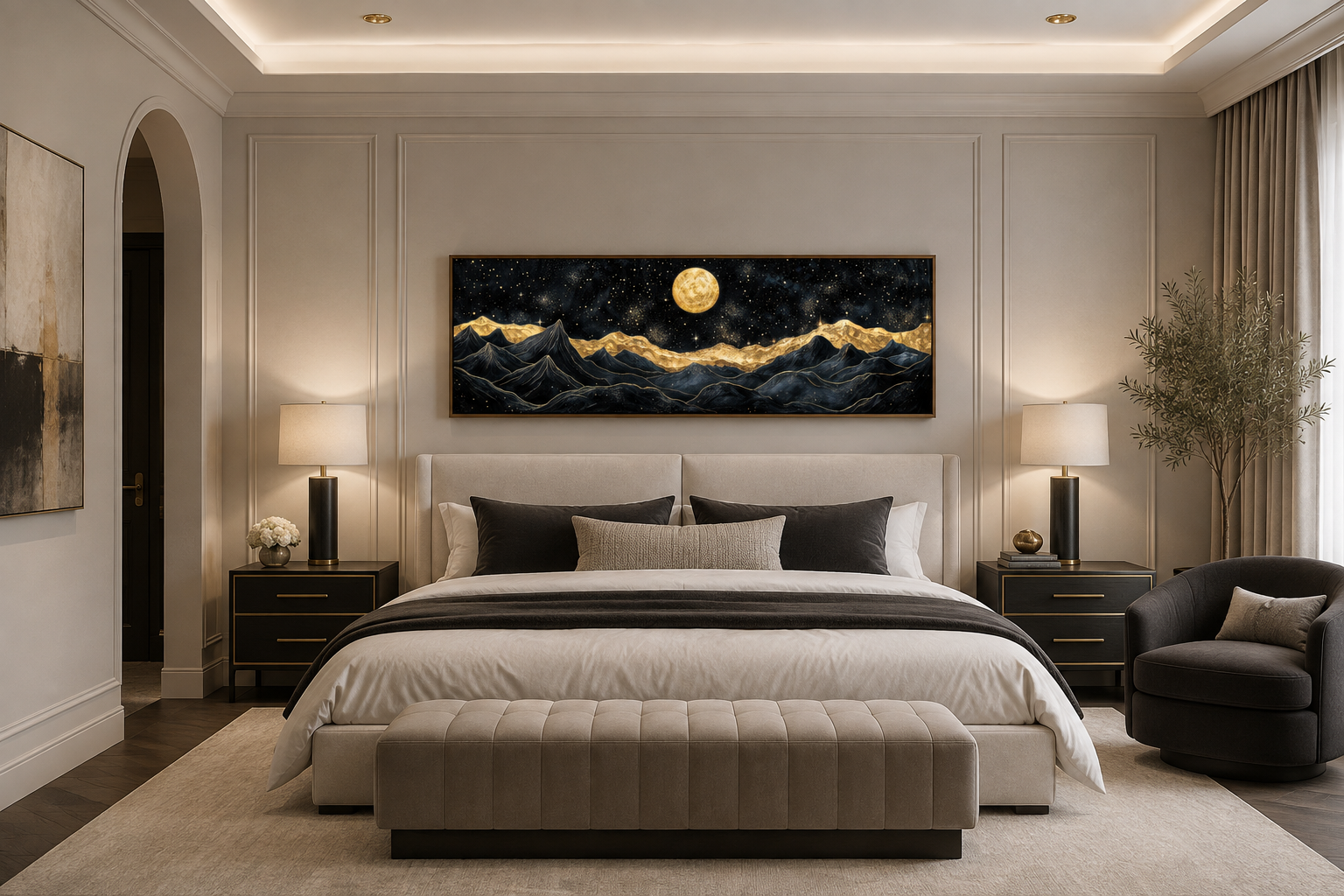 Black Gold Mountain Wall Art – Moonlit Night Landscape Canvas Print, Abstract Nature Painting