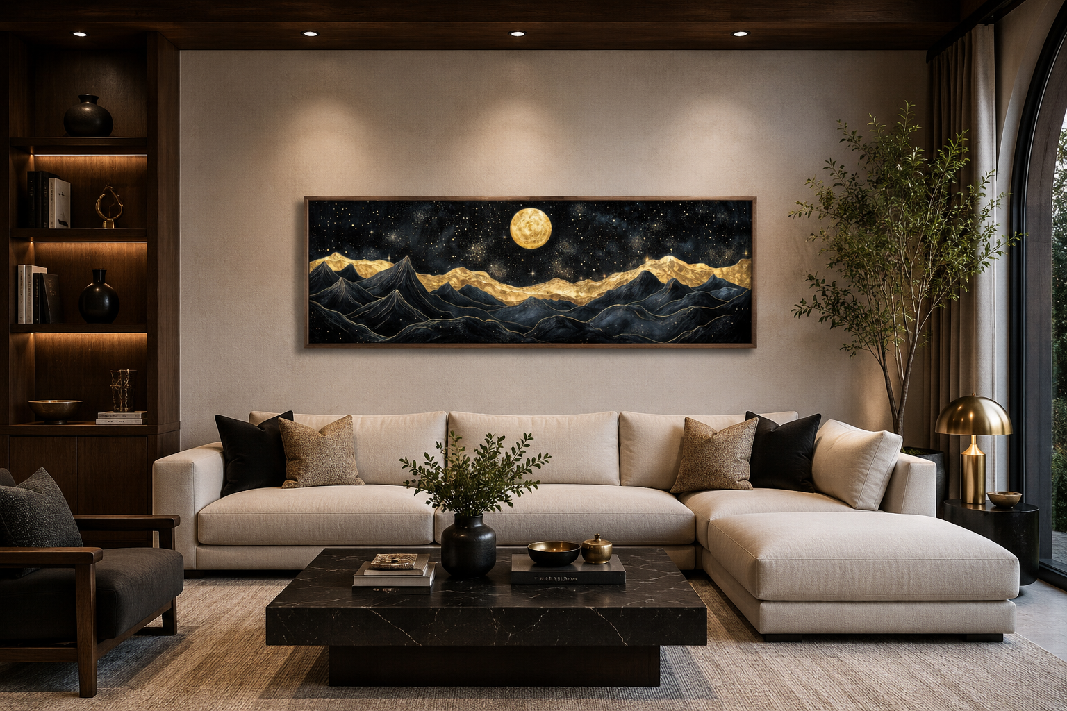 Black Gold Mountain Wall Art – Moonlit Night Landscape Canvas Print, Abstract Nature Painting