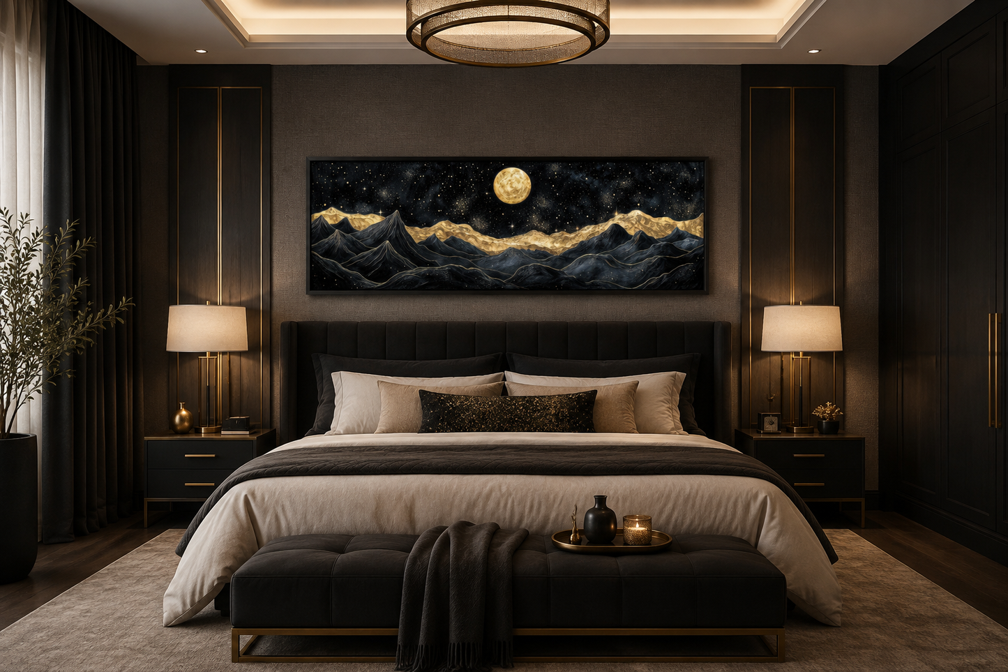 Black Gold Mountain Wall Art – Moonlit Night Landscape Canvas Print, Abstract Nature Painting