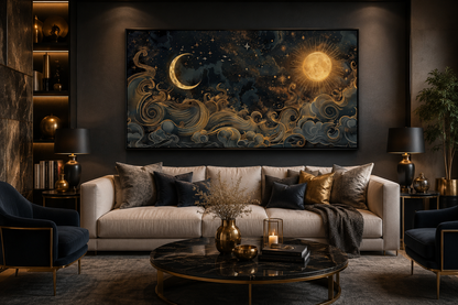 Sun Moon Wall Art – Black Gold Canvas | Framed Celestial Decor for Bedroom
