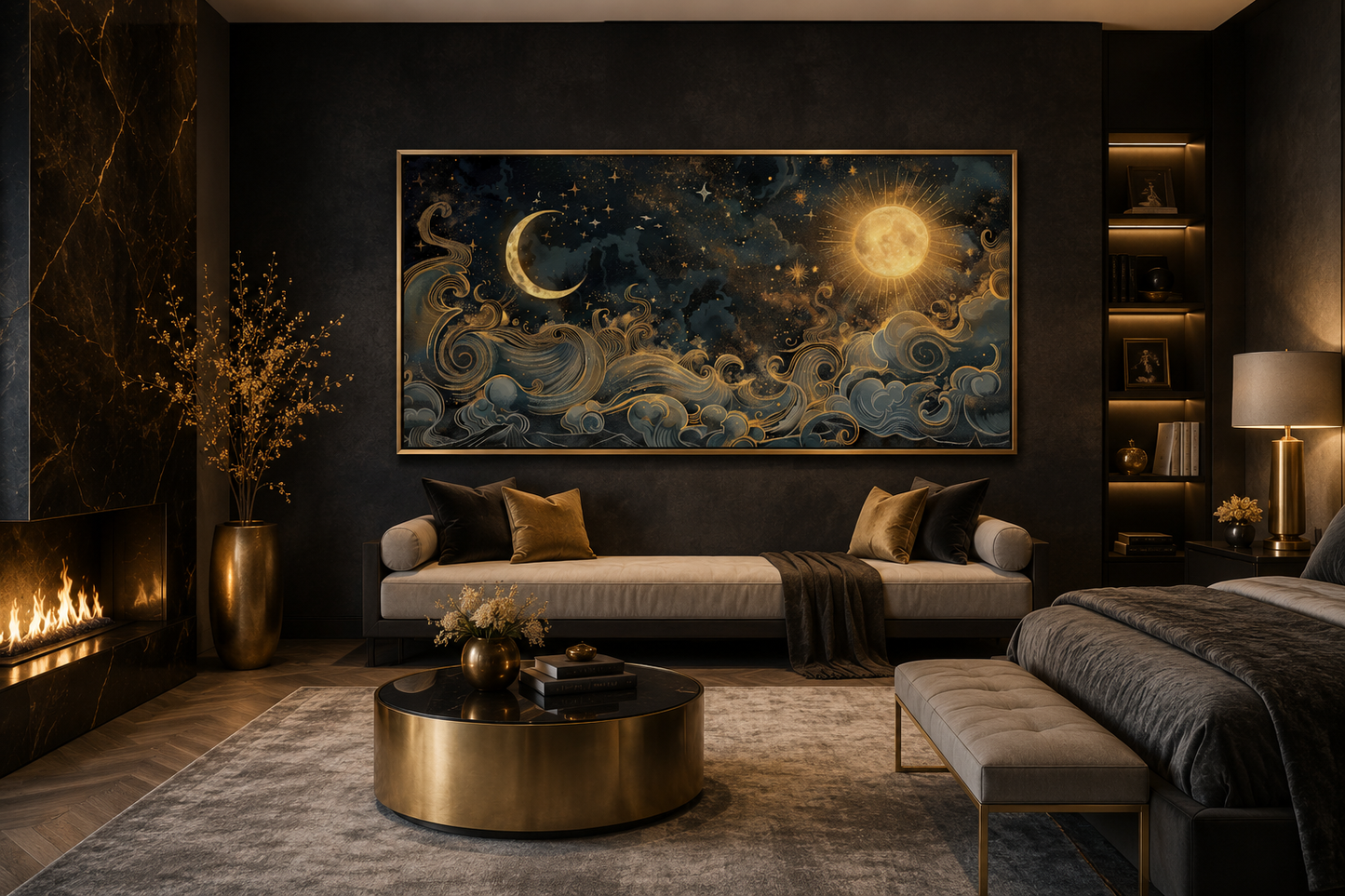 Sun Moon Wall Art – Black Gold Canvas | Framed Celestial Decor for Bedroom