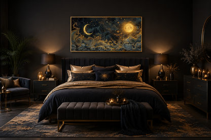 Sun Moon Wall Art – Black Gold Canvas | Framed Celestial Decor for Bedroom