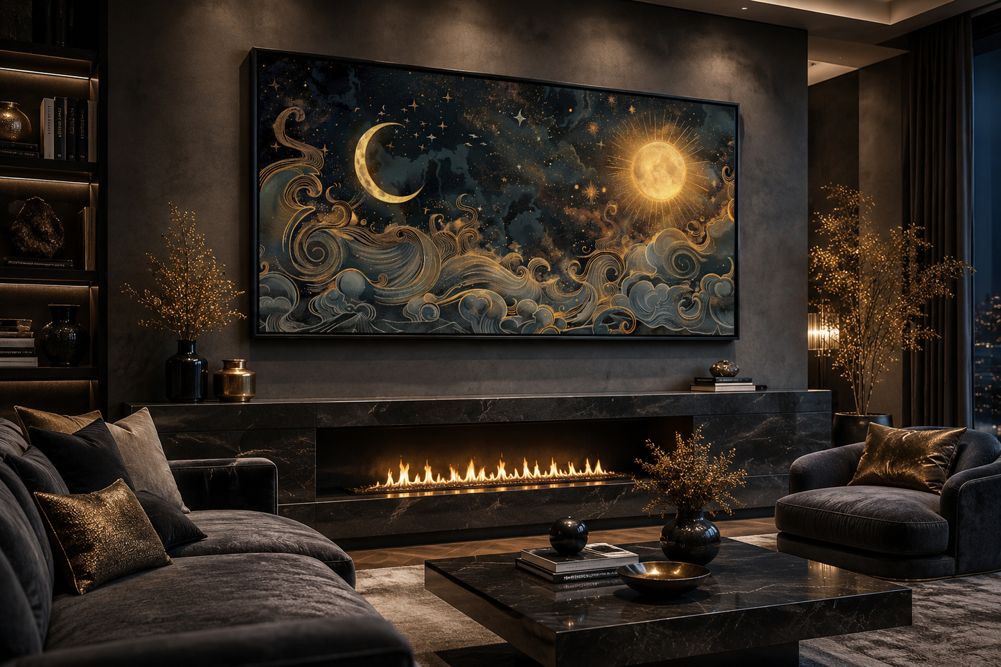 Sun Moon Wall Art – Black Gold Canvas | Framed Celestial Decor for Bedroom
