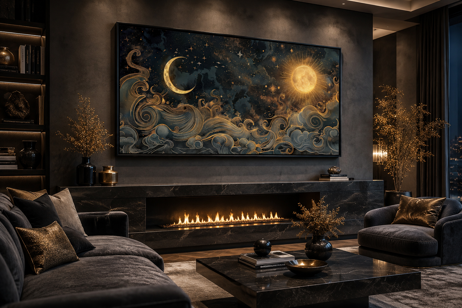 Sun Moon Wall Art – Black Gold Canvas | Framed Celestial Decor for Bedroom