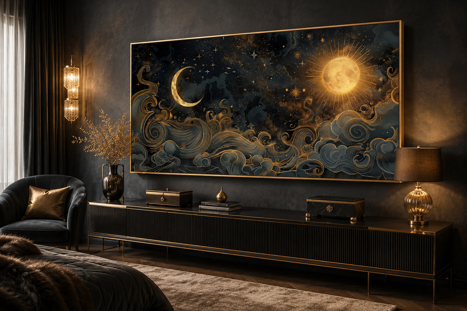 Sun Moon Wall Art – Black Gold Canvas | Framed Celestial Decor for Bedroom