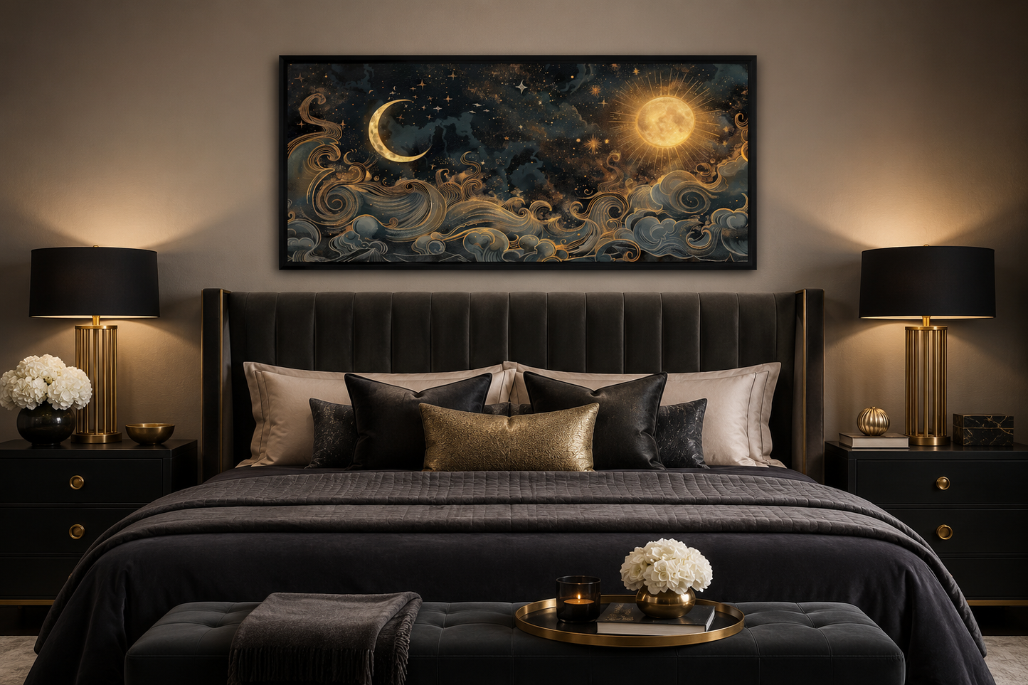 Sun Moon Wall Art – Black Gold Canvas | Framed Celestial Decor for Bedroom