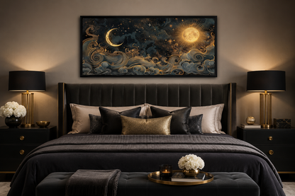 Sun Moon Wall Art – Black Gold Canvas | Framed Celestial Decor for Bedroom