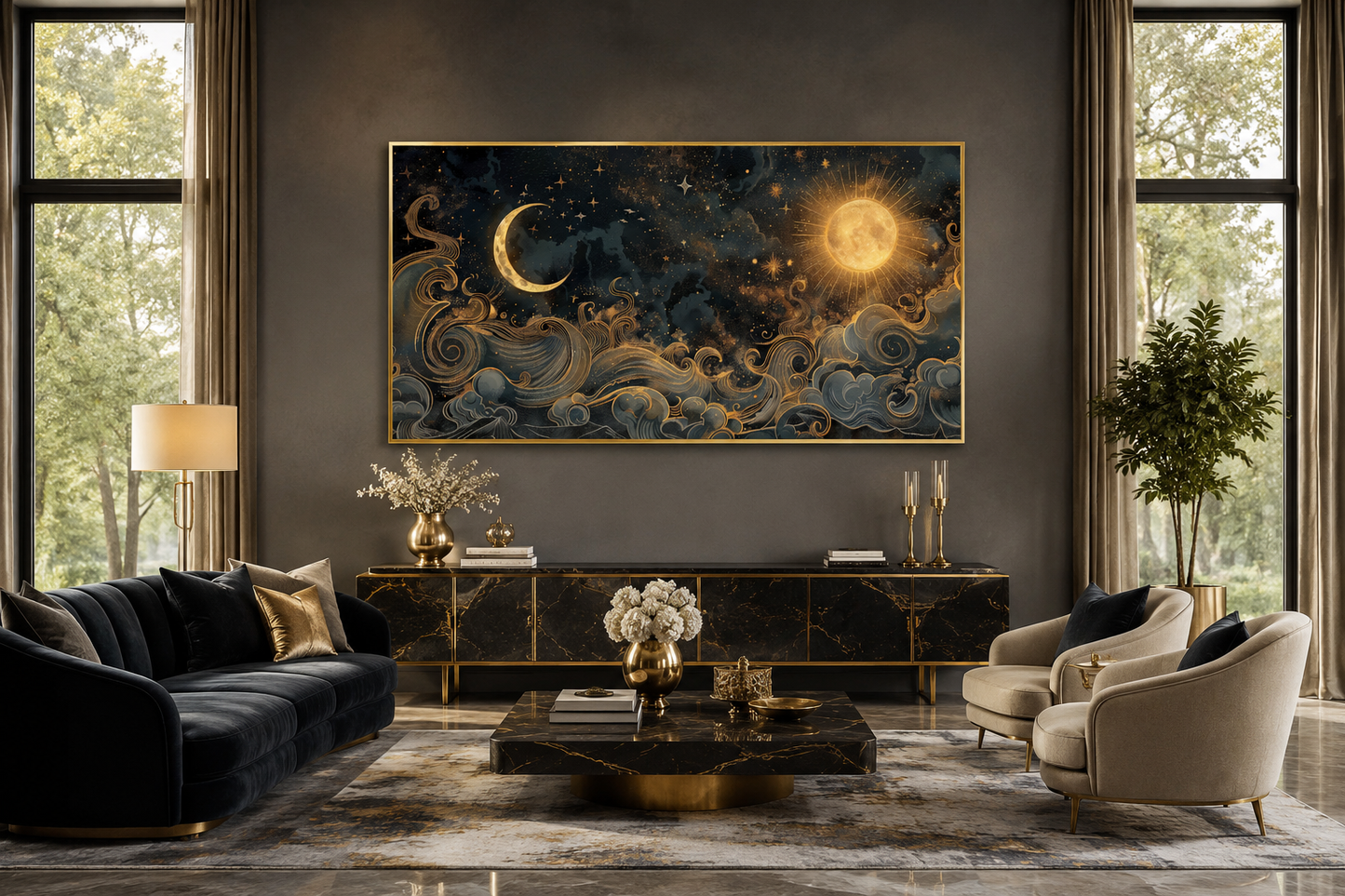 Sun Moon Wall Art – Black Gold Canvas | Framed Celestial Decor for Bedroom