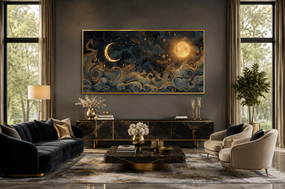 Sun Moon Wall Art – Black Gold Canvas | Framed Celestial Decor for Bedroom