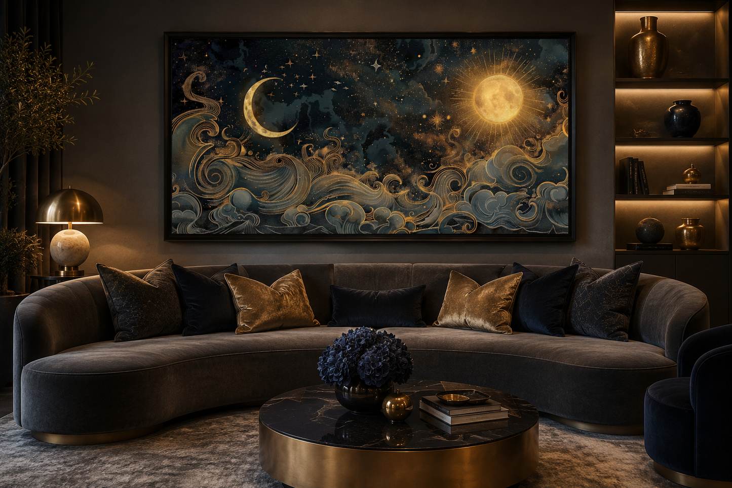 Sun Moon Wall Art – Black Gold Canvas | Framed Celestial Decor for Bedroom