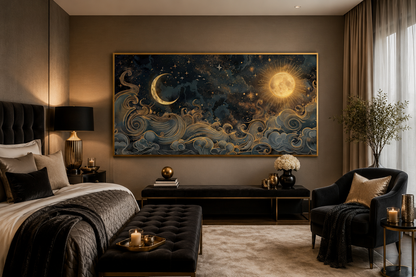 Sun Moon Wall Art – Black Gold Canvas | Framed Celestial Decor for Bedroom